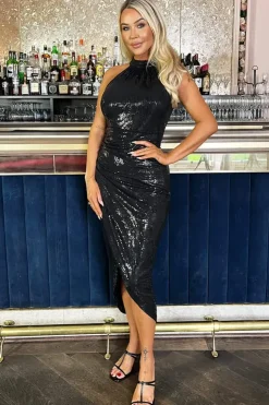 Sequin Halter Neck Draped Wrap Midi Dress