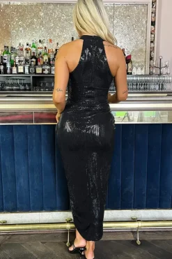 Sequin Halter Neck Draped Wrap Midi Dress