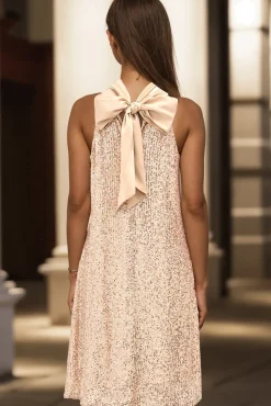 Sequin Halter Neck Tie Back Mini Dress In Gold