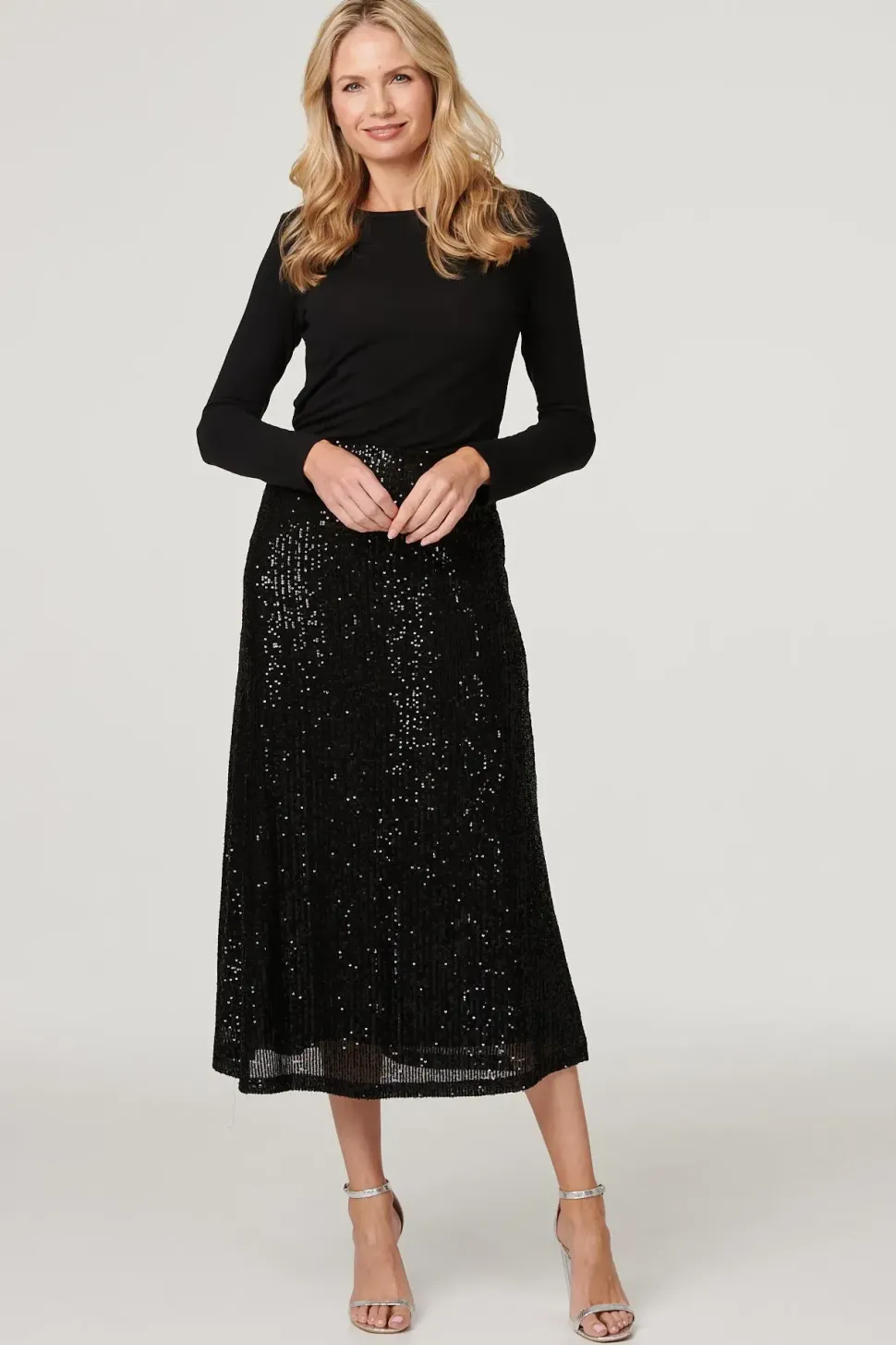 Sequin High Waist Semi Sheer Midi Skirt