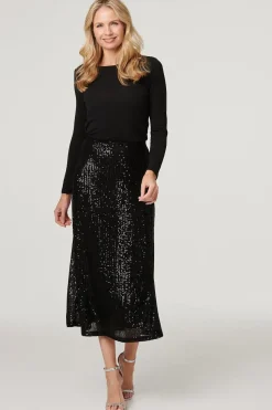Sequin High Waist Semi Sheer Midi Skirt