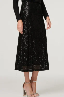 Sequin High Waist Semi Sheer Midi Skirt