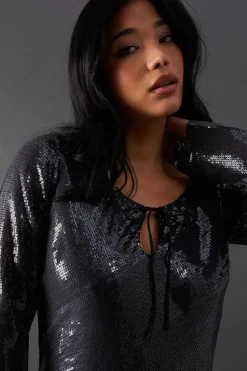Sequin Keyhole Tie Front Midi Dress