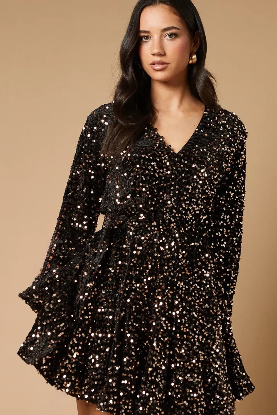 Sequin Long Sleeve Button Detail Mini Dress