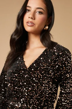 Sequin Long Sleeve Button Detail Mini Dress