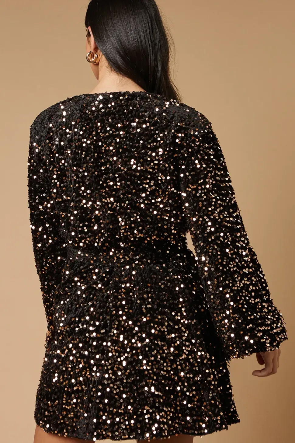 Sequin Long Sleeve Button Detail Mini Dress