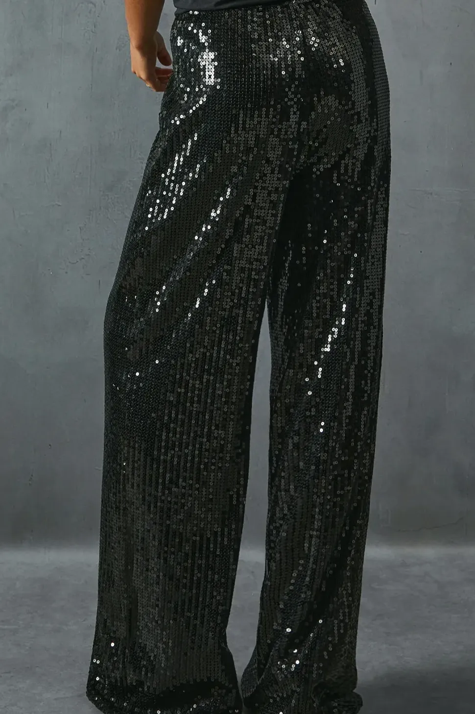 Sequin Mid Rise Elastic Waist Wide Leg Trouser