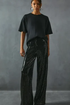 Sequin Mid Rise Elastic Waist Wide Leg Trouser