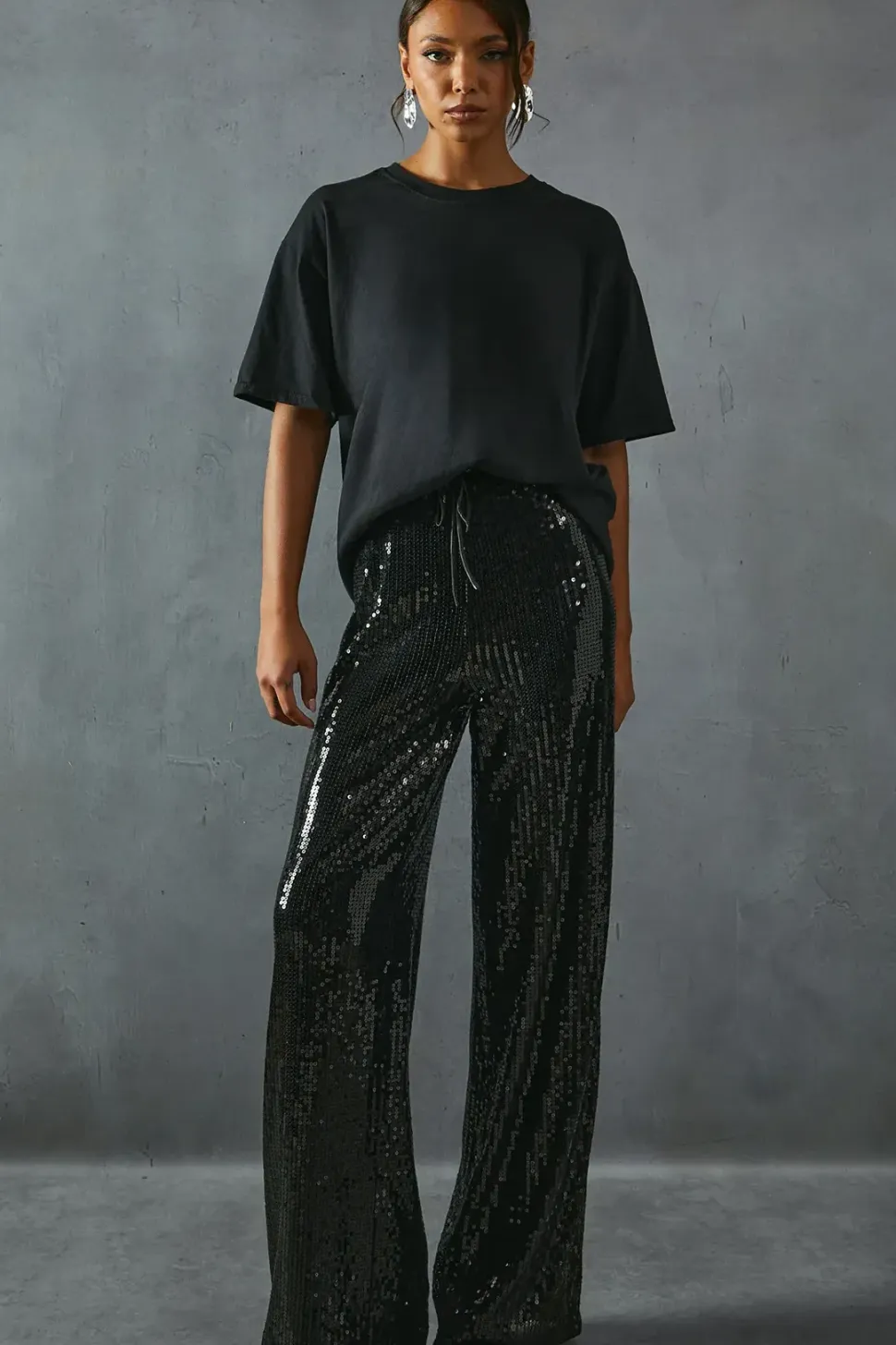 Sequin Mid Rise Elastic Waist Wide Leg Trouser