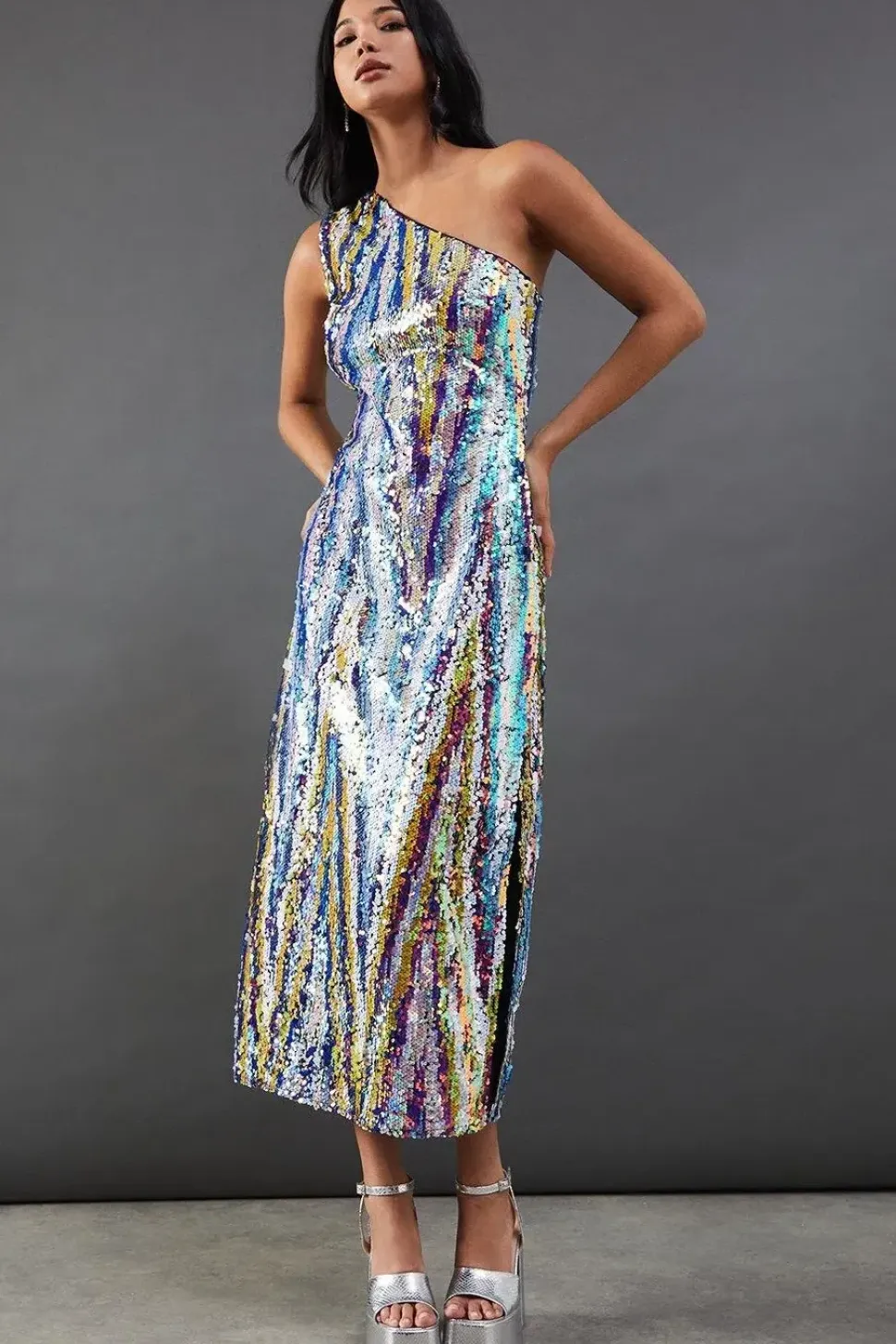 Sequin One Shoulder Midi Dress