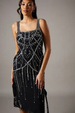 Sequin Party Midi Dress With Tie Detail