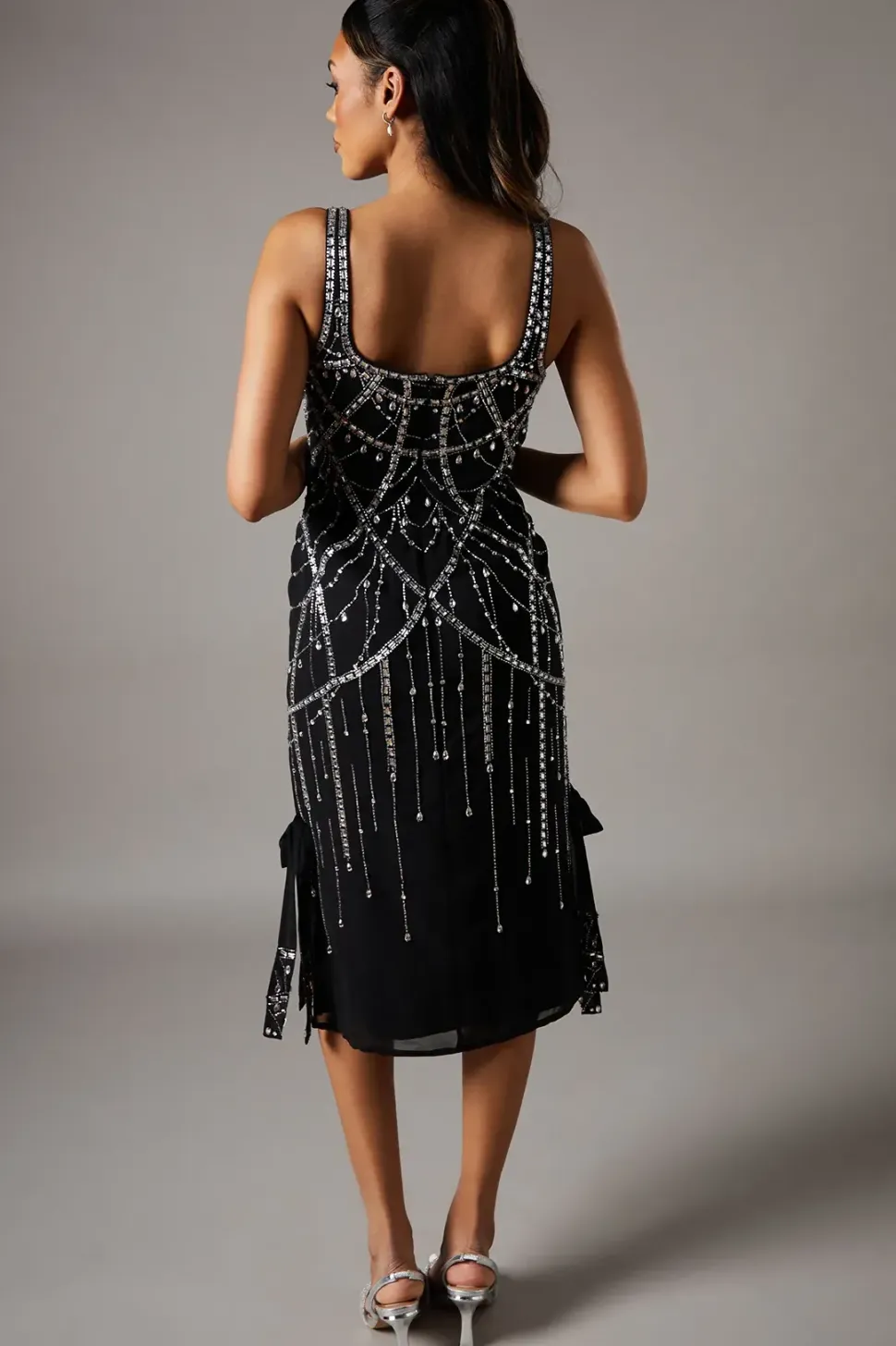 Sequin Party Midi Dress With Tie Detail