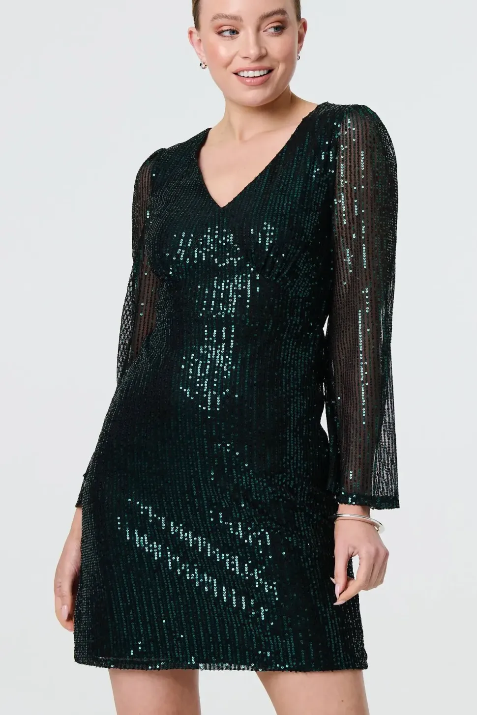 Sequin Semi Sheer Long Sleeve Mini Dress