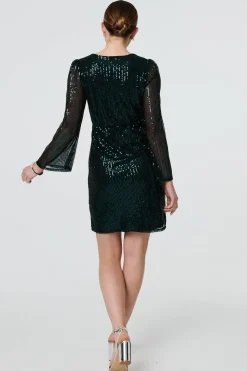 Sequin Semi Sheer Long Sleeve Mini Dress