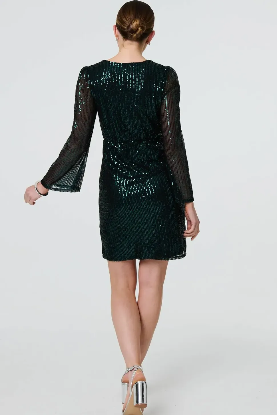 Sequin Semi Sheer Long Sleeve Mini Dress