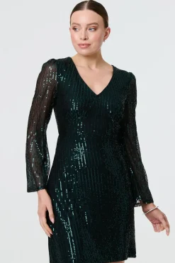 Sequin Semi Sheer Long Sleeve Mini Dress
