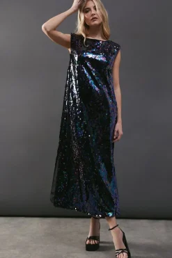 Sequin Shoulder Pad Sleeveless Midi Dress