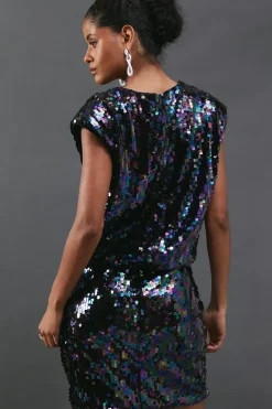 Sequin Shoulder Pad Sleeveless Mini Dress