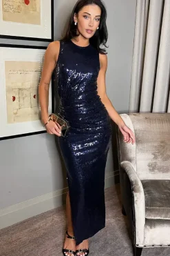 Sequin Sleeveless Round Neck Gathered Midi Dress