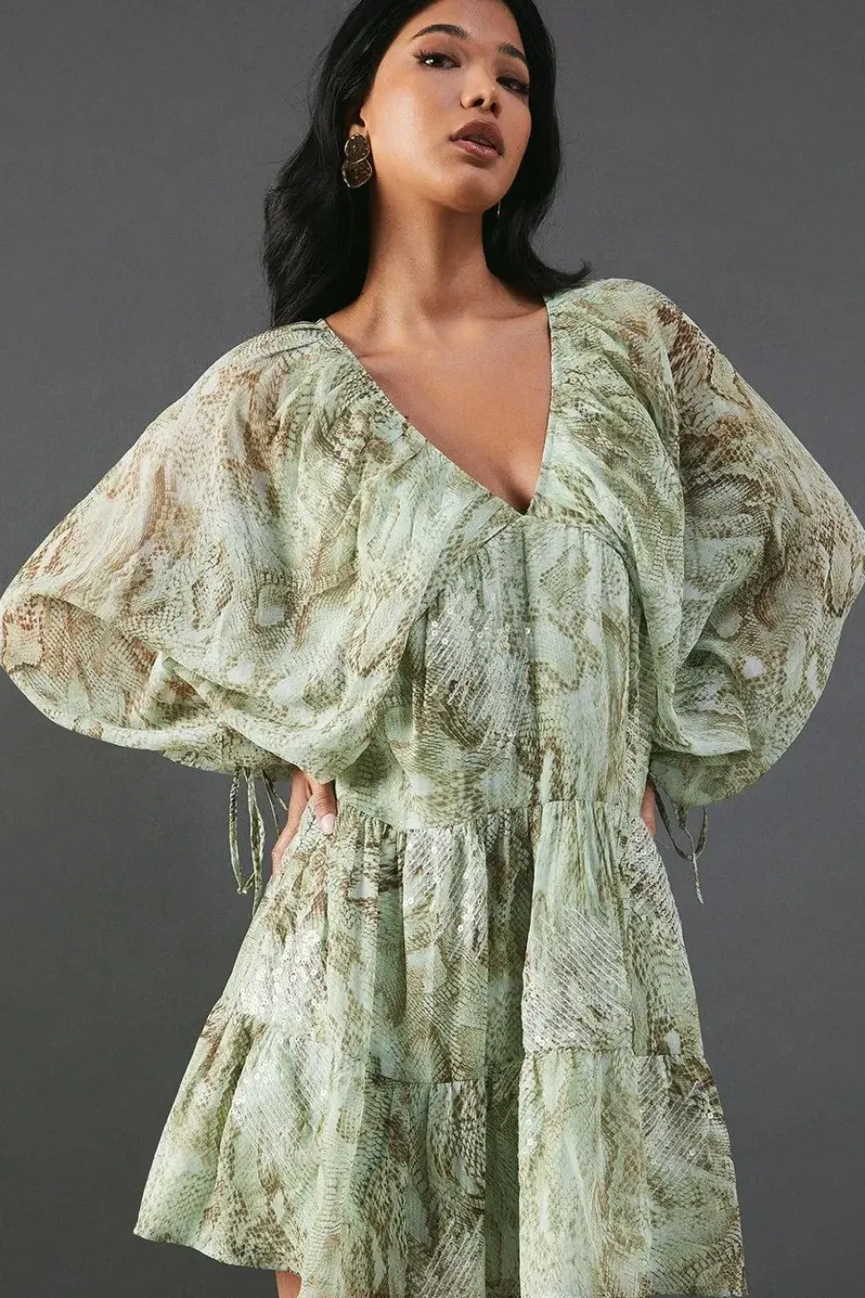 Sequin Snake Embellished Volume Sleeve Mini Smock Dress