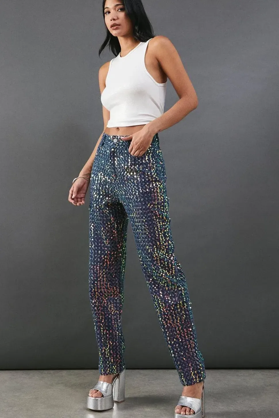 Sequin Straight Leg Denim Jeans