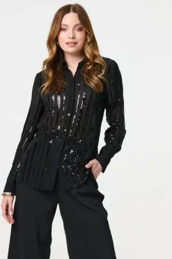 Sequin Striped Sheer Long Sleeve Shirt
