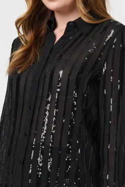 Sequin Striped Sheer Long Sleeve Shirt