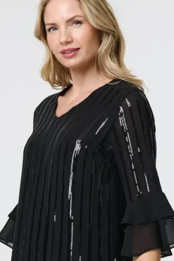 Sequin Stripe Ruffled 3/4 Sleeve Blouse