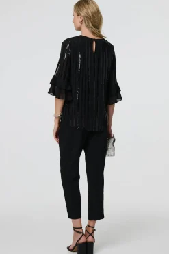 Sequin Stripe Ruffled 3/4 Sleeve Blouse