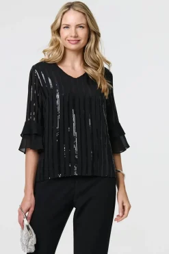 Sequin Stripe Ruffled 3/4 Sleeve Blouse