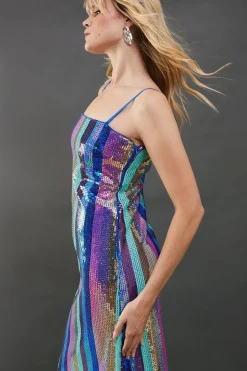 Sequin Stripe Strappy Split Side Midi Dress