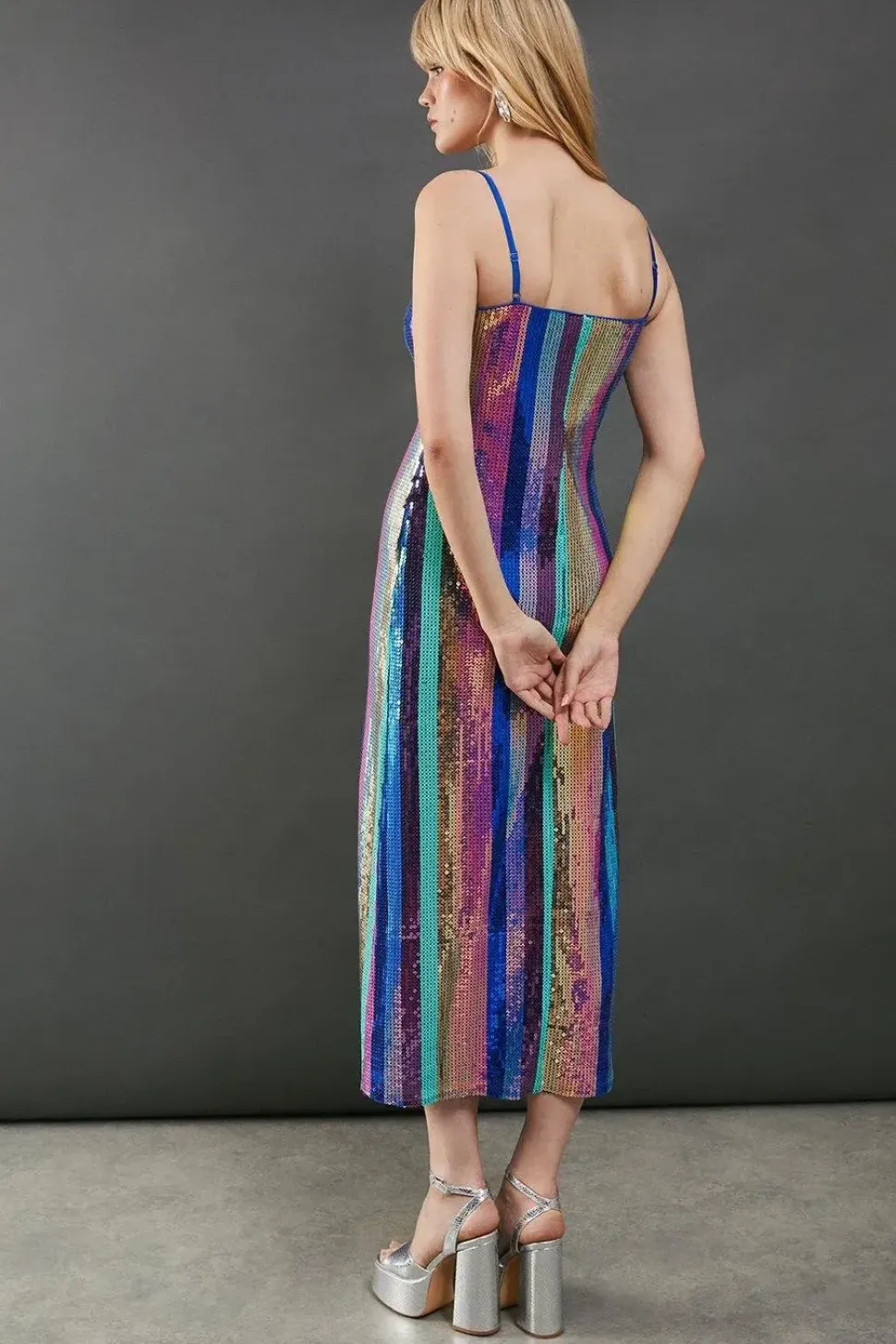 Sequin Stripe Strappy Split Side Midi Dress