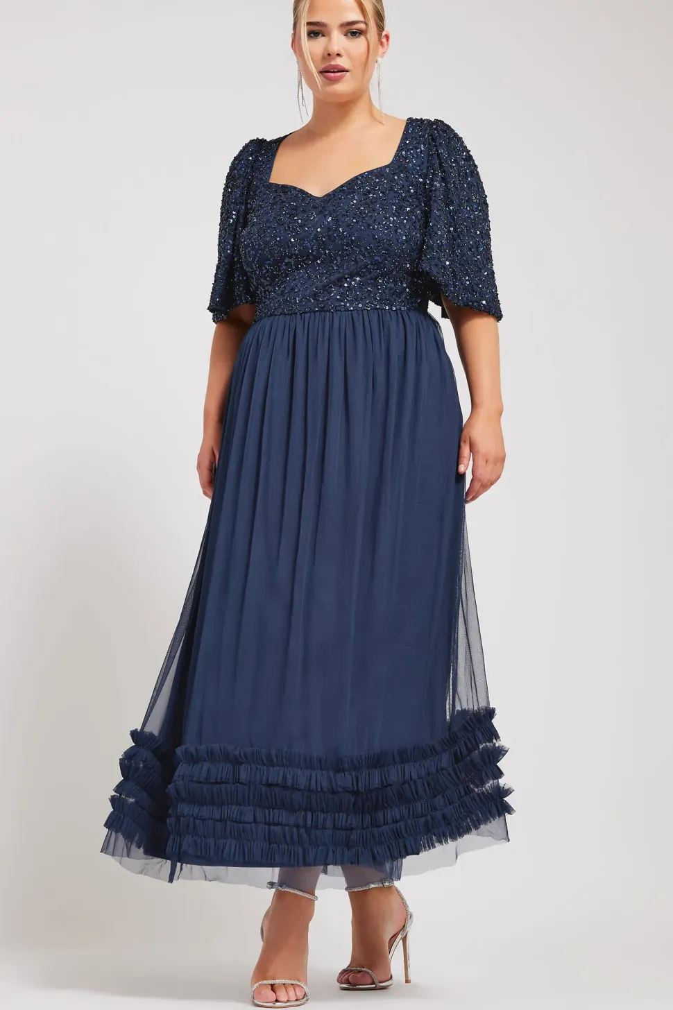 Sequin Sweetheart Ruffle Maxi Dress