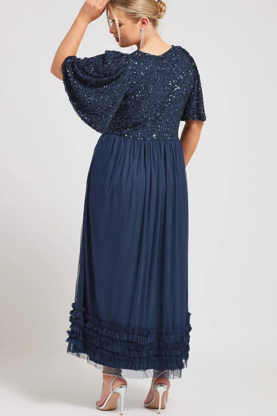 Sequin Sweetheart Ruffle Maxi Dress