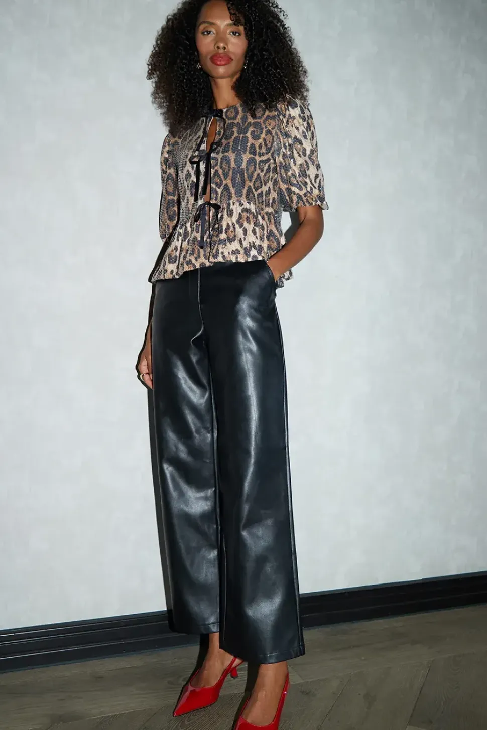 Sequin Tie Front Smock Blouse