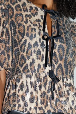 Sequin Tie Front Smock Blouse