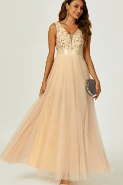 Sequin Top V Neck Bridesmaid Maxi Dress In Gold