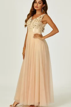 Sequin Top V Neck Bridesmaid Maxi Dress In Gold