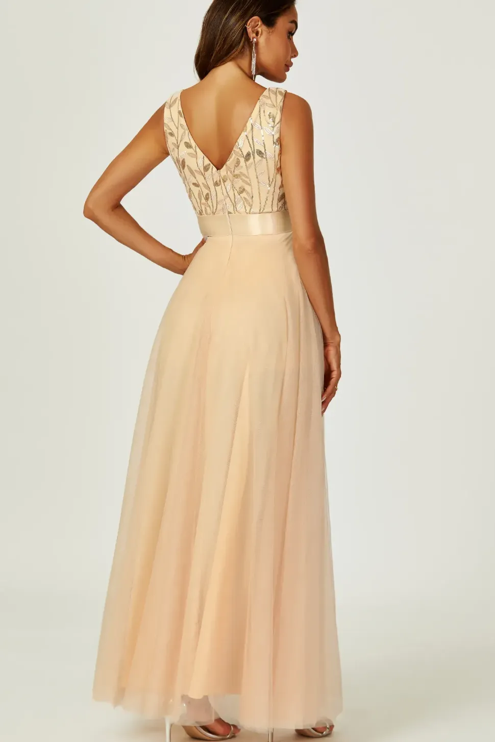 Sequin Top V Neck Bridesmaid Maxi Dress In Gold