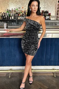Sequin Velvet One Shoulder Mini Dress