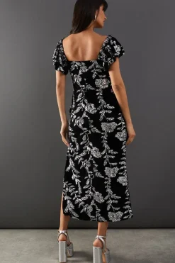 Sequin Velvet Square Neck Frill Strap Midi Dress