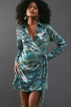 Sequin Wrap Mini Shirt Dress