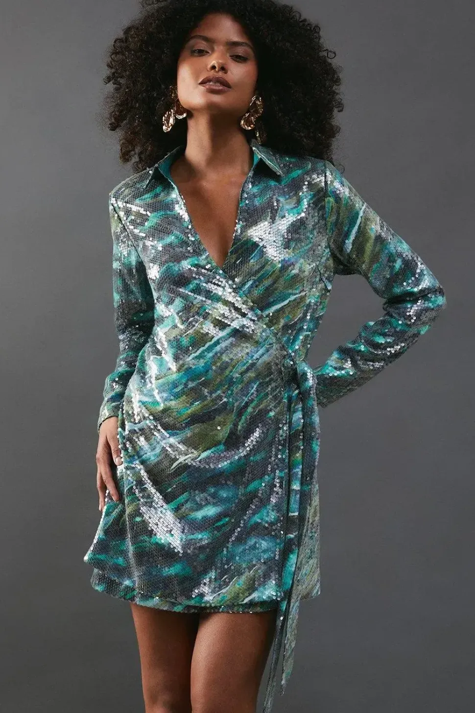 Sequin Wrap Mini Shirt Dress