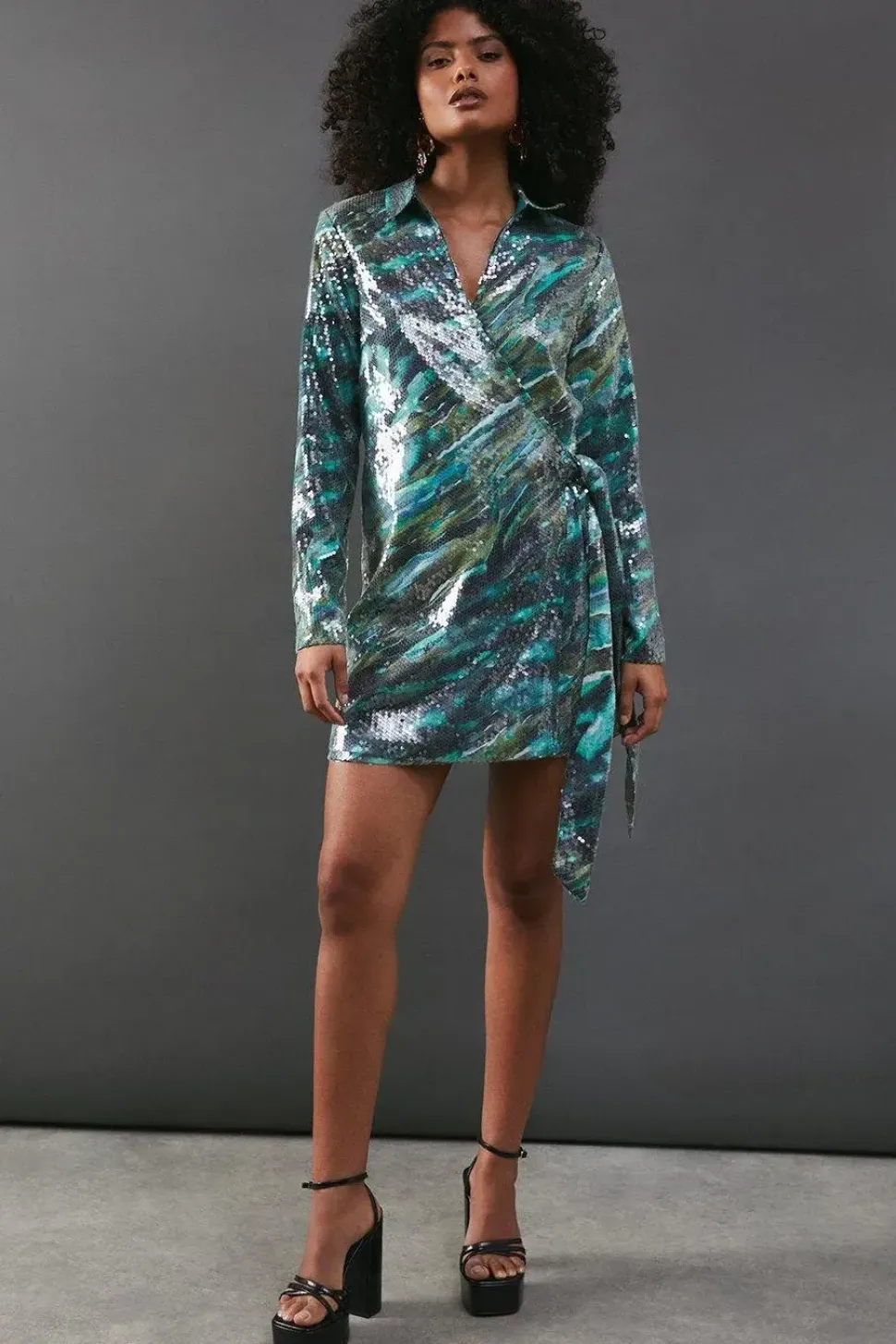 Sequin Wrap Mini Shirt Dress