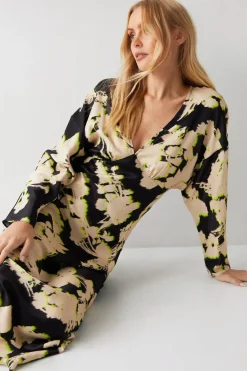 Shadow Floral Print Premium Satin Batwing Dress