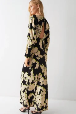 Shadow Floral Print Premium Satin Batwing Dress