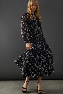 Shadow Satin Stripe Piping Detail Midi Dress