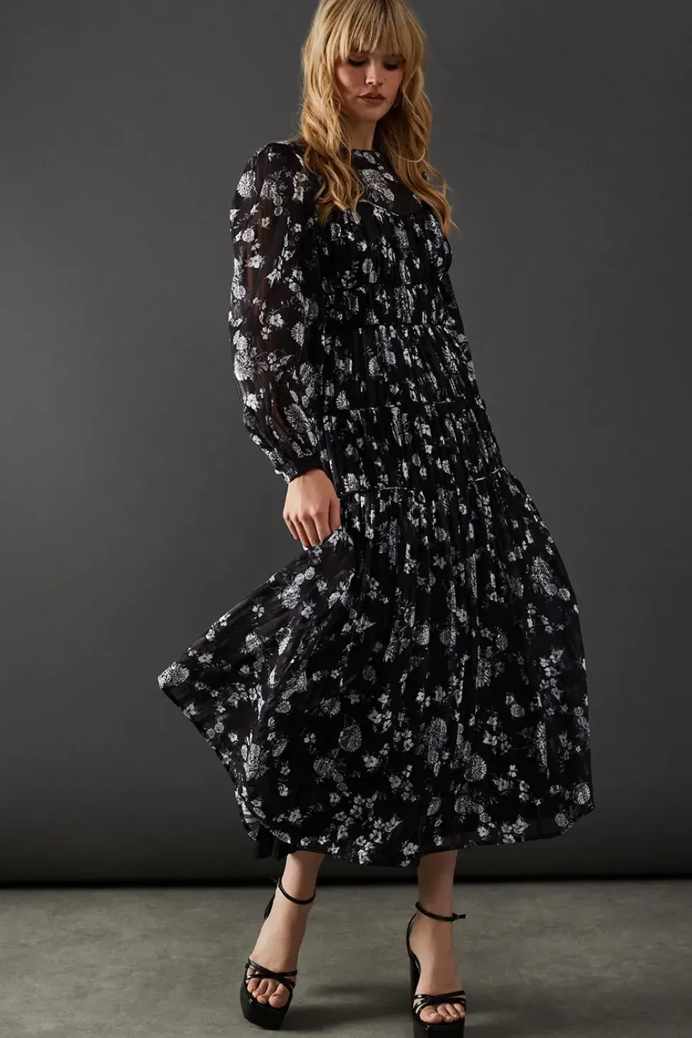 Shadow Satin Stripe Piping Detail Midi Dress