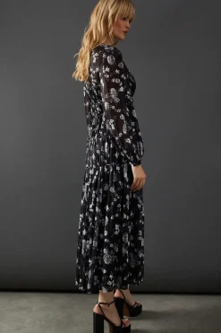 Shadow Satin Stripe Piping Detail Midi Dress