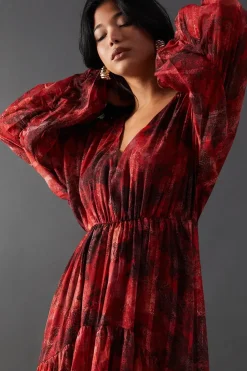 Shadow Stripe Chiffon Plunge Neck Tier Midi Dress